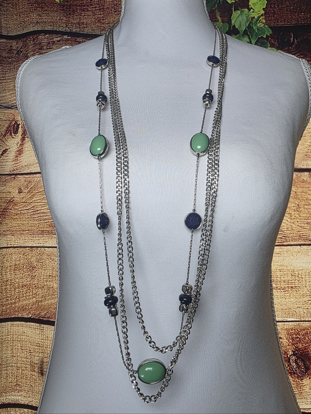 Long Layered Silver Necklace with Green and Navy Beads